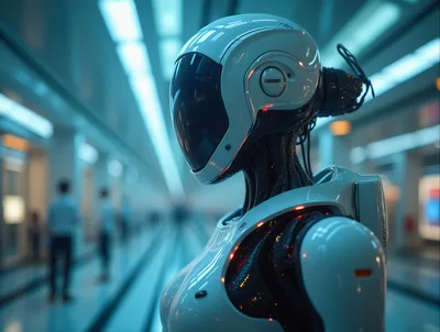 Futuristic Android Robot Standing In A Modern Corridor
