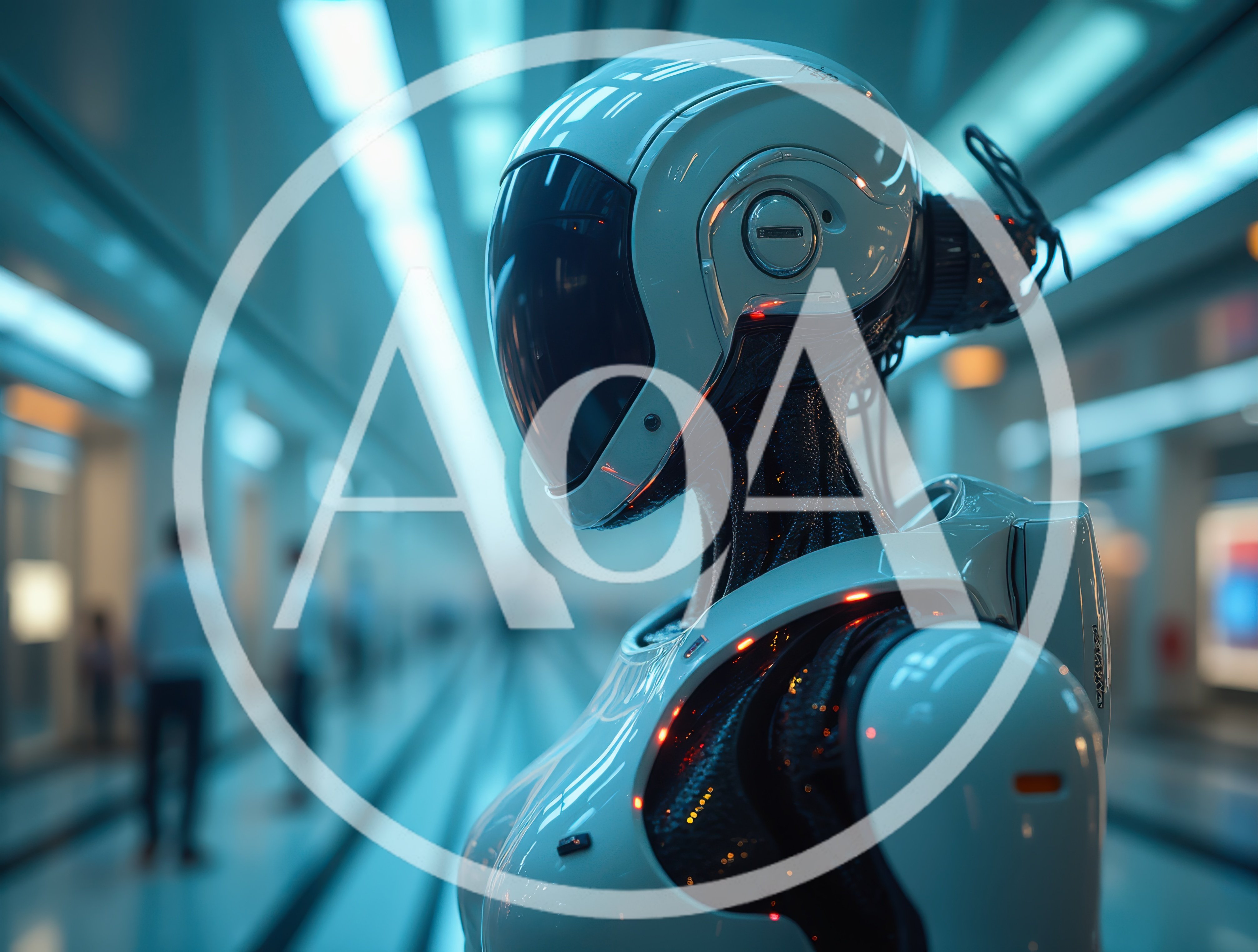 Futuristic Android Robot Standing In A Modern Corridor