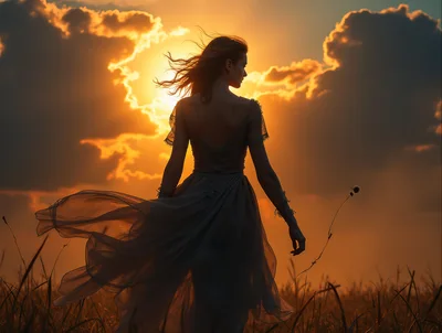 Woman In Flowing Dress Standing In Golden Sunset Field