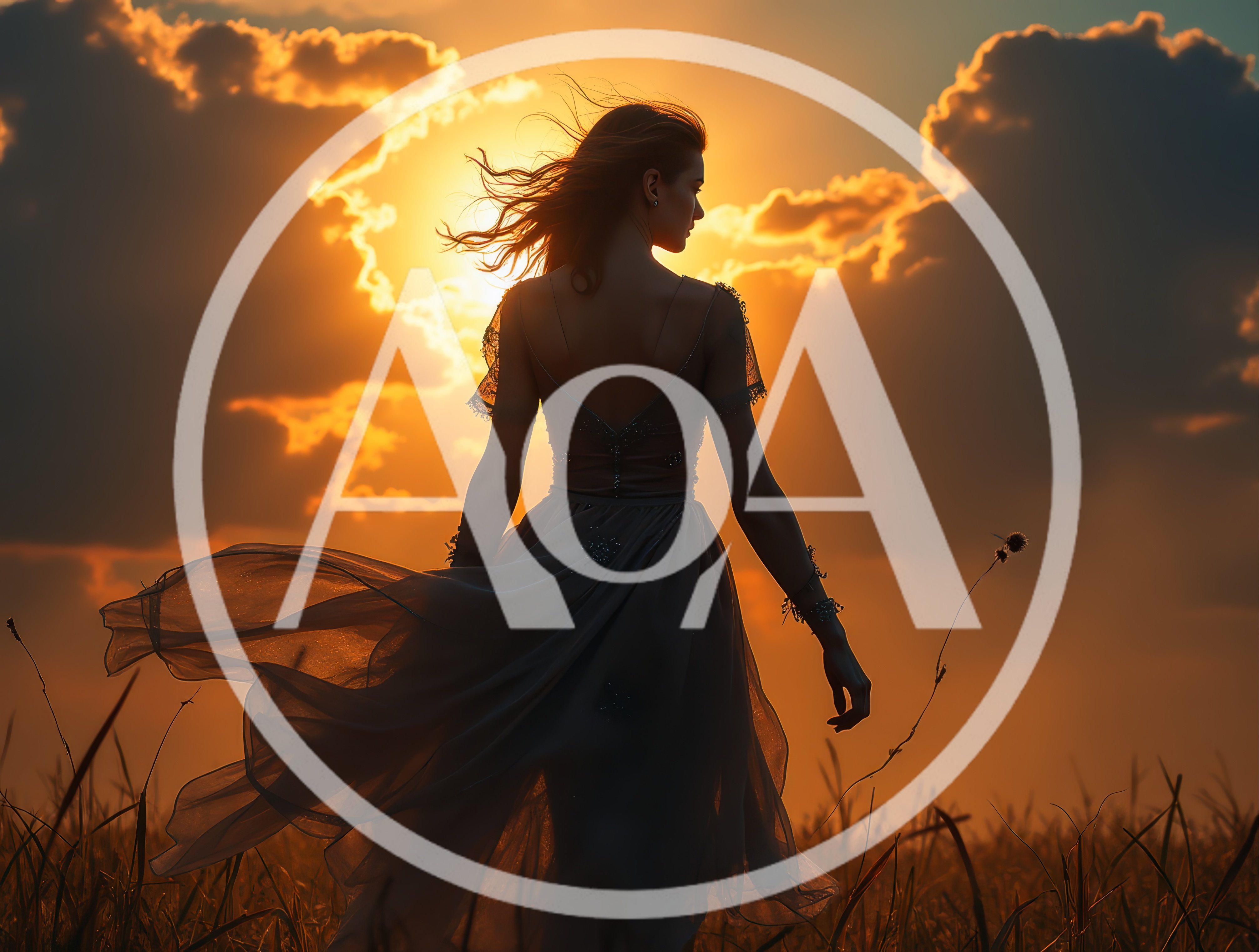 Woman In Flowing Dress Standing In Golden Sunset Field