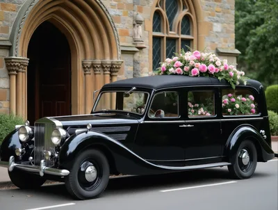 Vintage Black Hearse Parked Outside A Stone Church