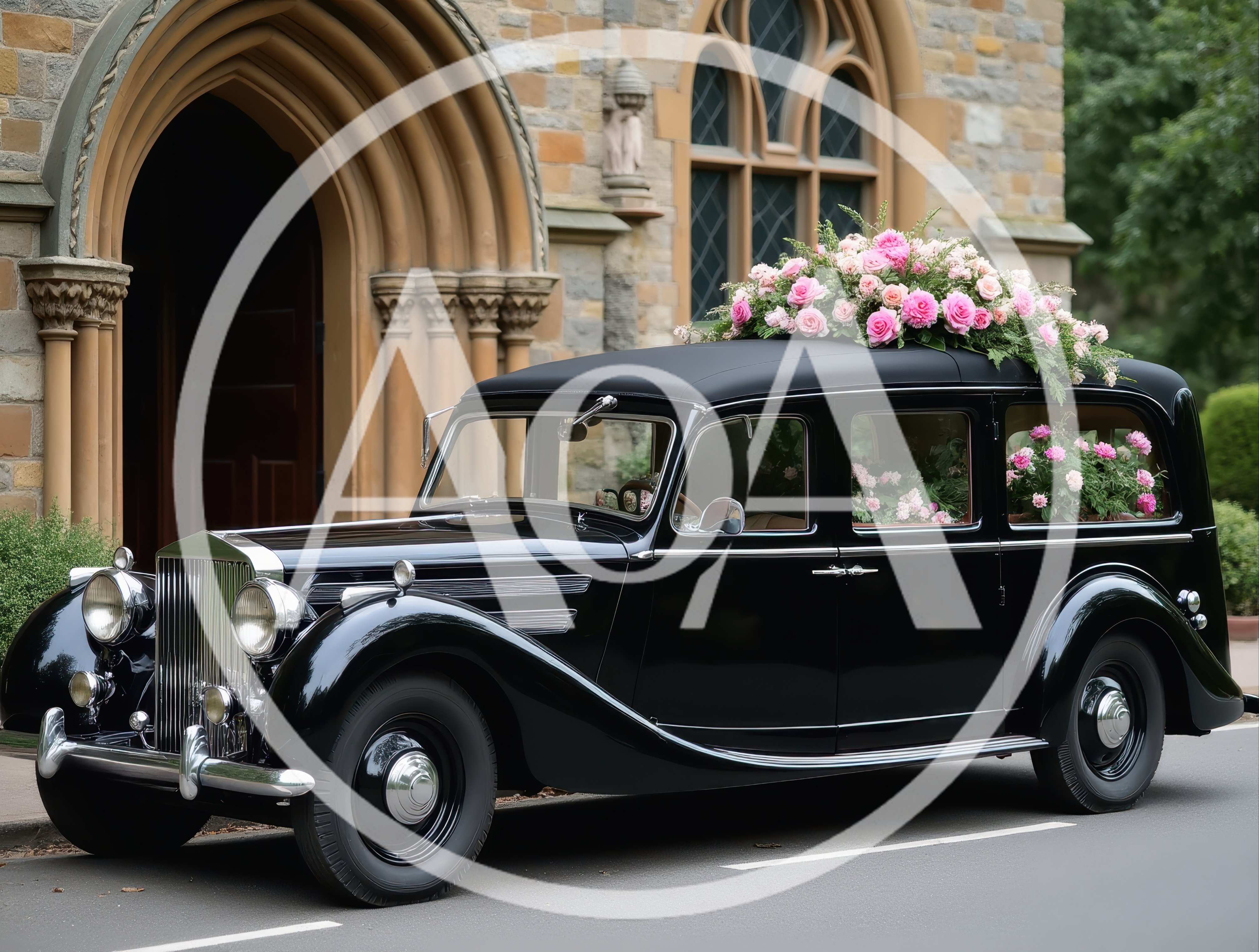 Vintage Black Hearse Parked Outside A Stone Church