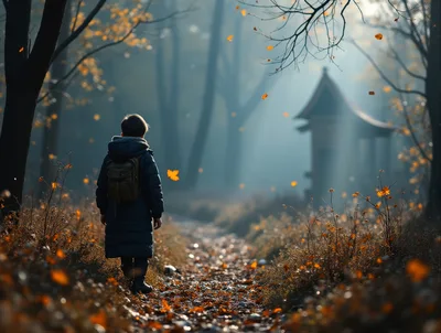 Young Child Walking Alone Through A Misty Autumn Forest