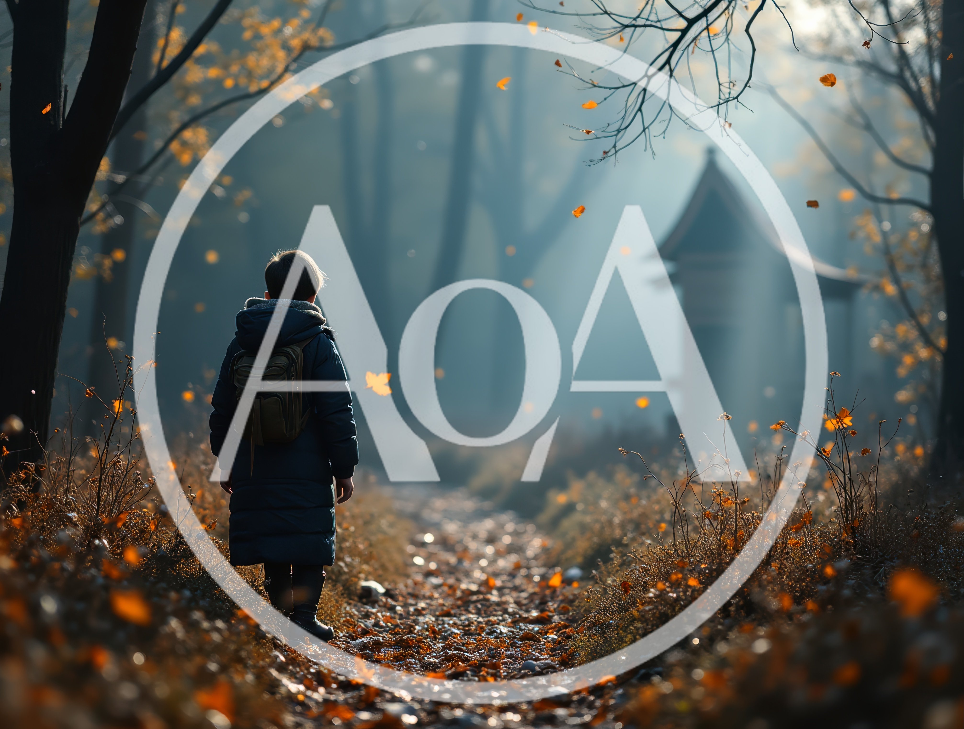 Young Child Walking Alone Through A Misty Autumn Forest