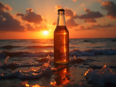 Glass Beer Bottle Standing on Sandy Beach at Sunset