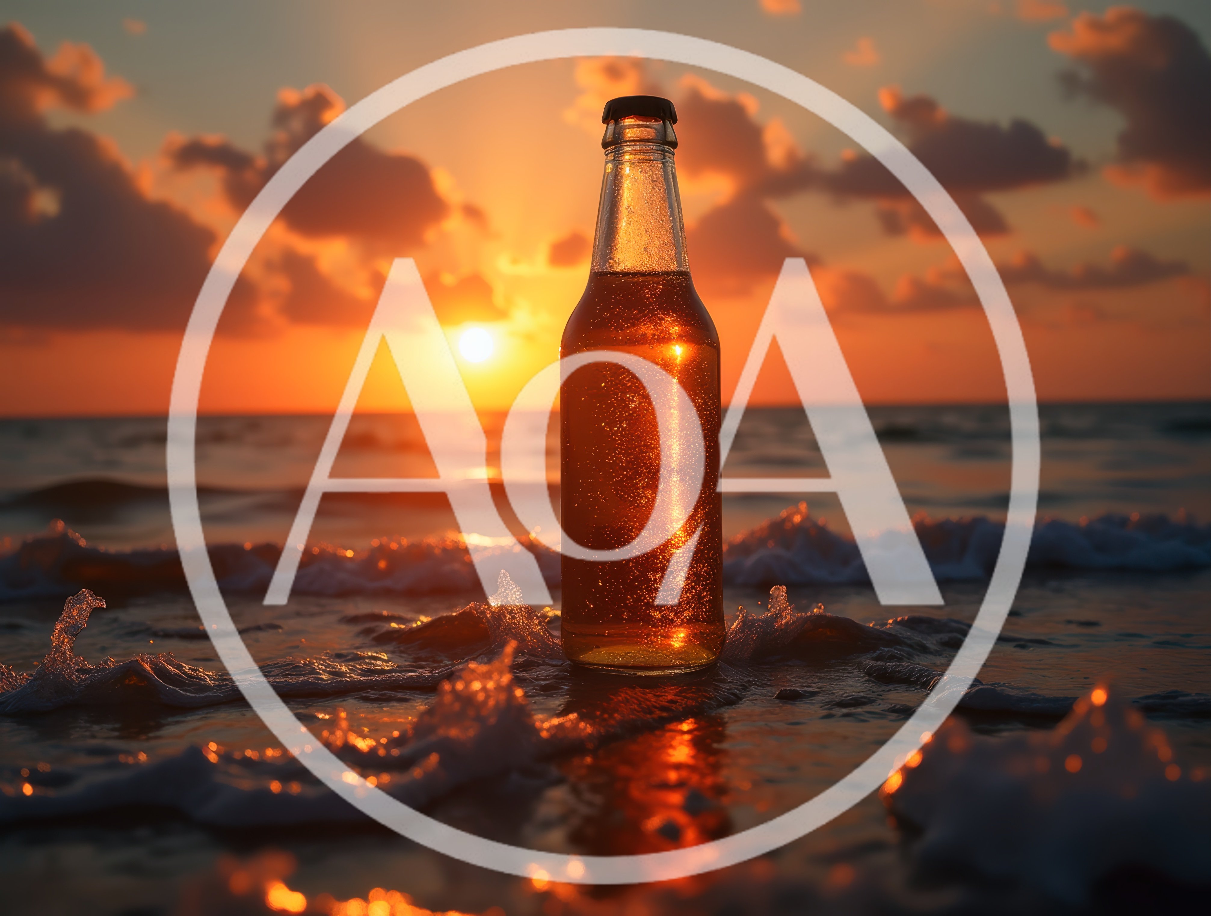 Glass Beer Bottle Standing on Sandy Beach at Sunset