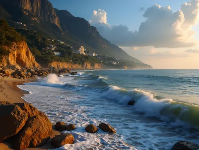 Coastal Landscape With Waves Crashing On Sandy Beach