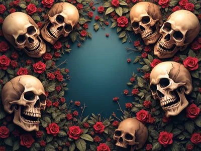 Human Skulls Surrounded By Red Roses Frame