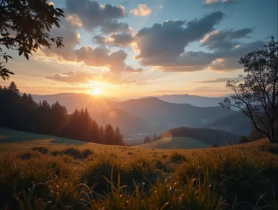 Golden Hour Sunset Over Rolling Mountain Landscape