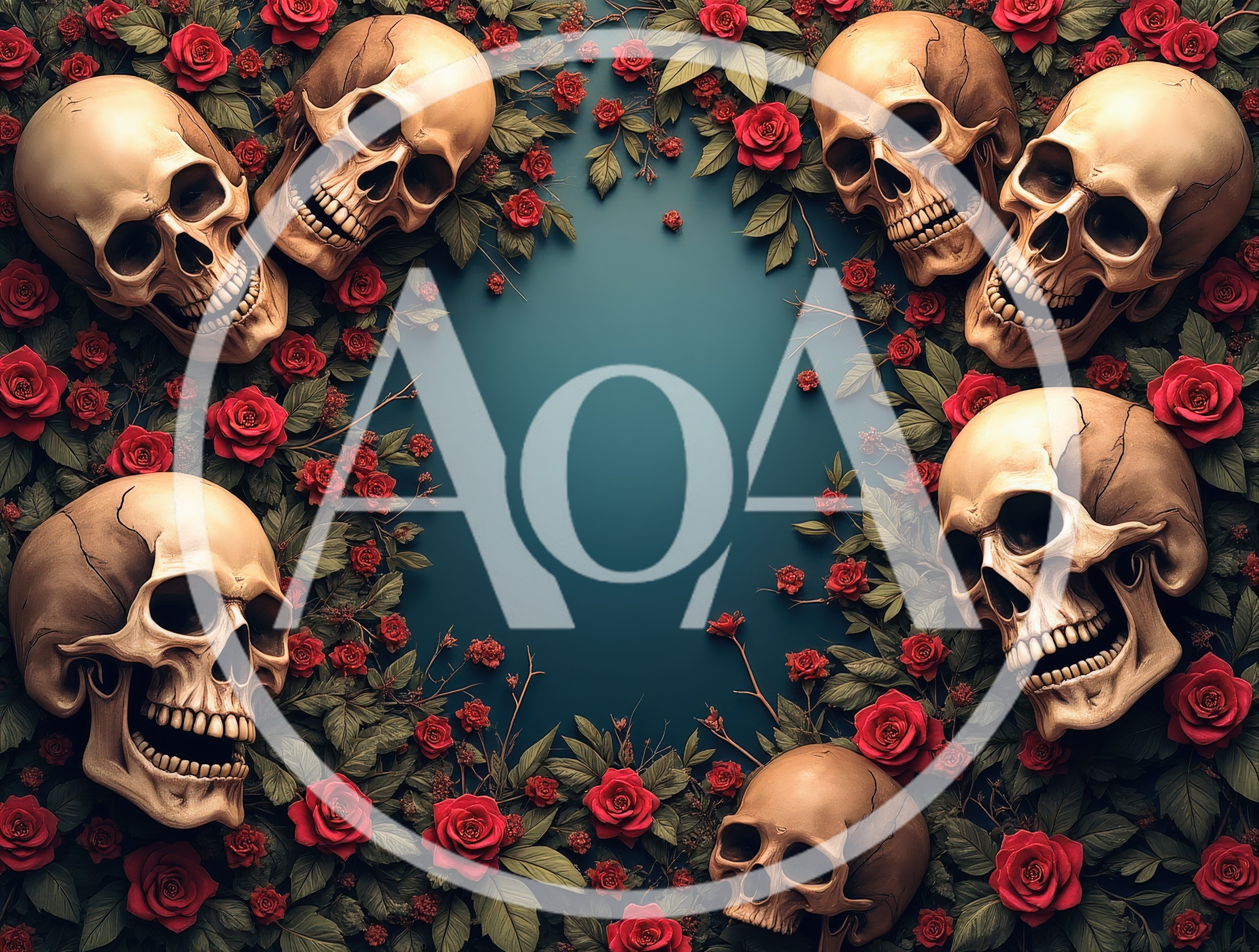 Human Skulls Surrounded By Red Roses Frame