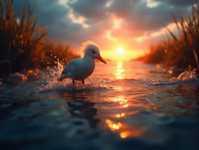 White Bird Wading Through Shallow Water At Sunset