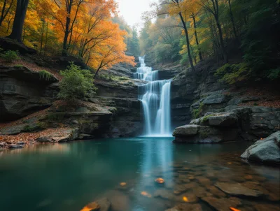 Cascading Waterfall In A Lush Autumn Forest