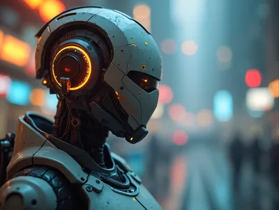 Futuristic Android Robot Standing In A Blurred City Street