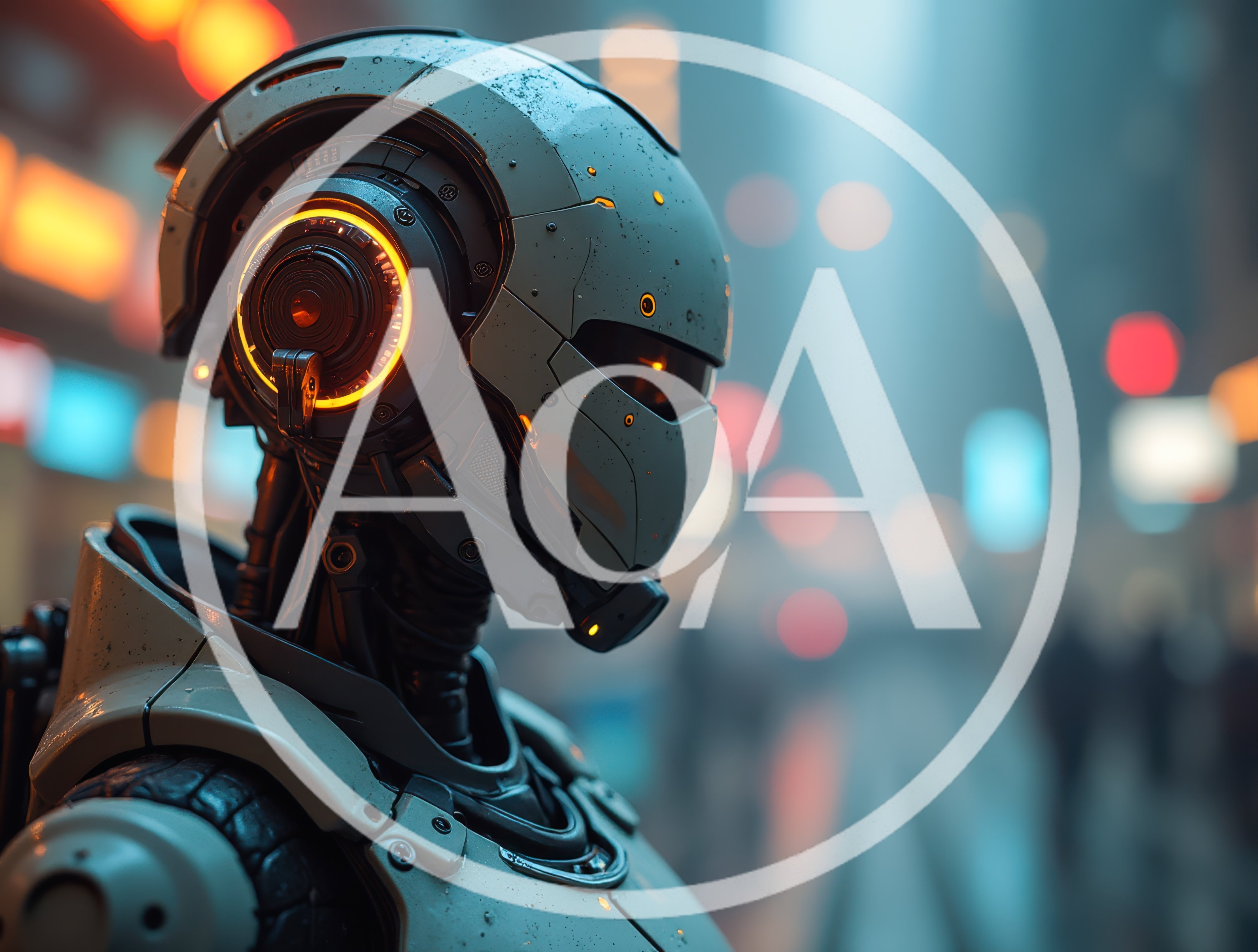 Futuristic Android Robot Standing In A Blurred City Street