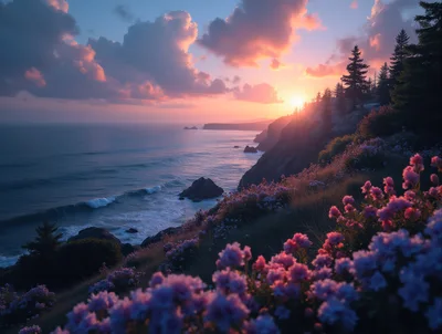 Coastal Sunset Over Rugged Cliffs With Wildflowers
