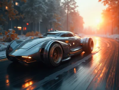 Futuristic Concept Sports Car Driving On Wet Road