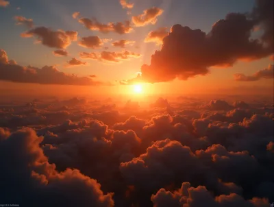 Aerial View Of Golden Sunset Above Dense Clouds