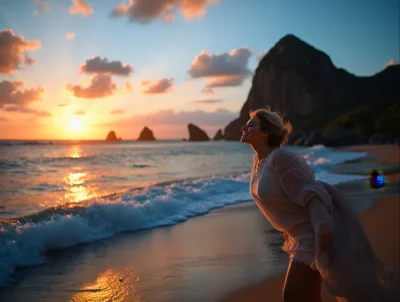 Woman Enjoying Sunset On A Tropical Beach