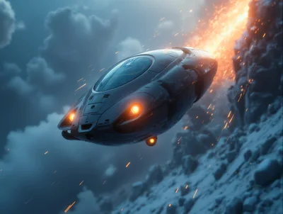 Futuristic Spaceship Flying Through Stormy Clouds