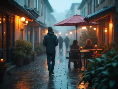 Man Walking Down A Misty European Street At Night