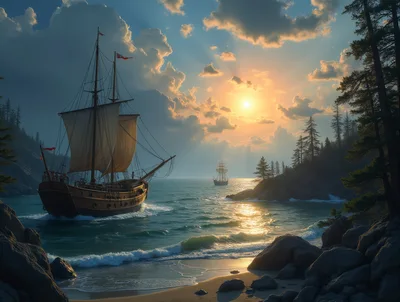 Antique Sailing Ships Navigating Coastal Waters At Sunset