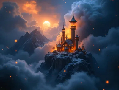 Fantasy Castle Perched Atop A Snowy Mountain Peak