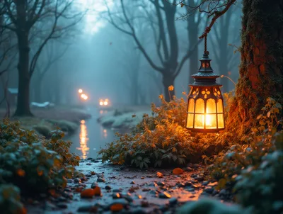 Glowing Lantern Hanging From A Mossy Tree In Foggy Forest