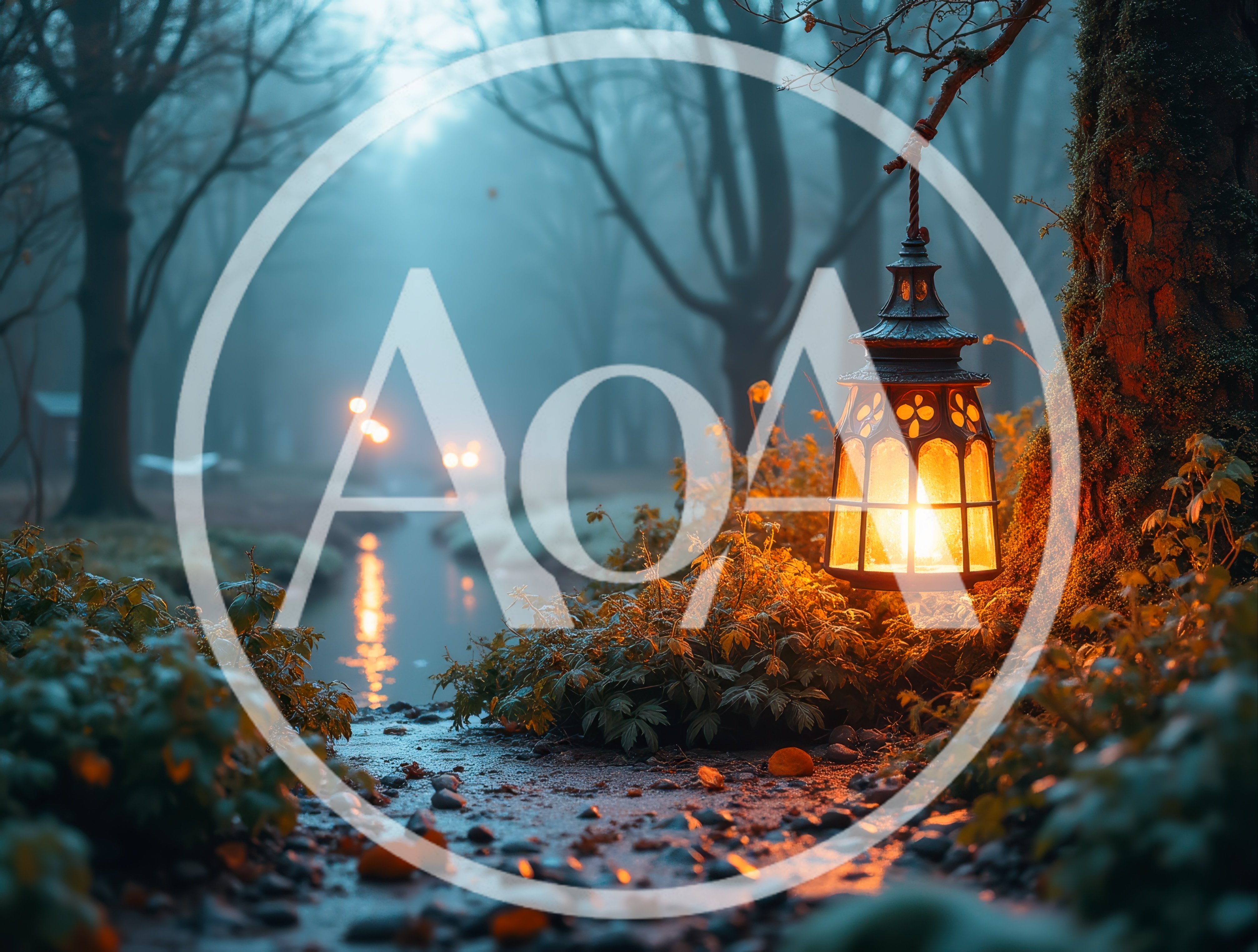 Glowing Lantern Hanging From A Mossy Tree In Foggy Forest