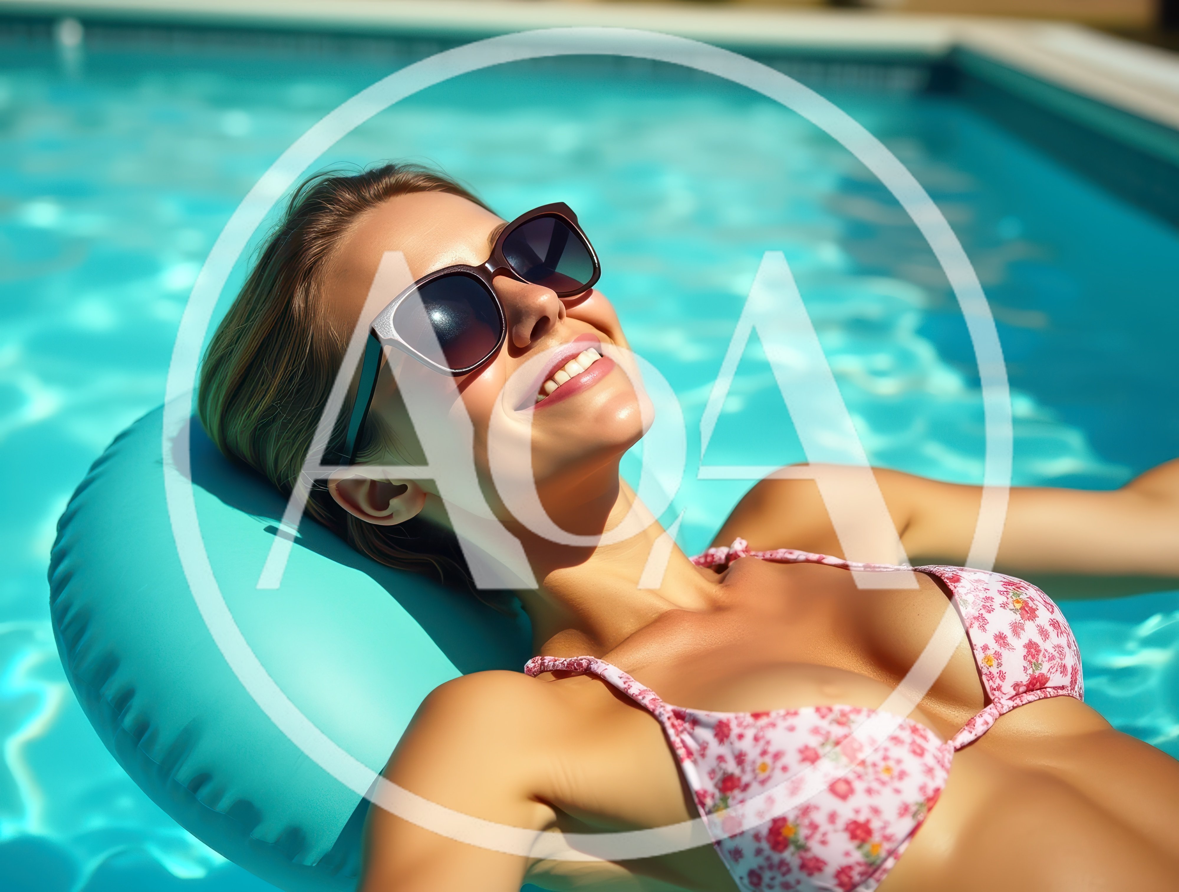 Woman Relaxing On Pool Float In Sunny Swimming Pool