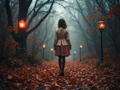 Young Woman Standing Alone On A Foggy Autumn Path