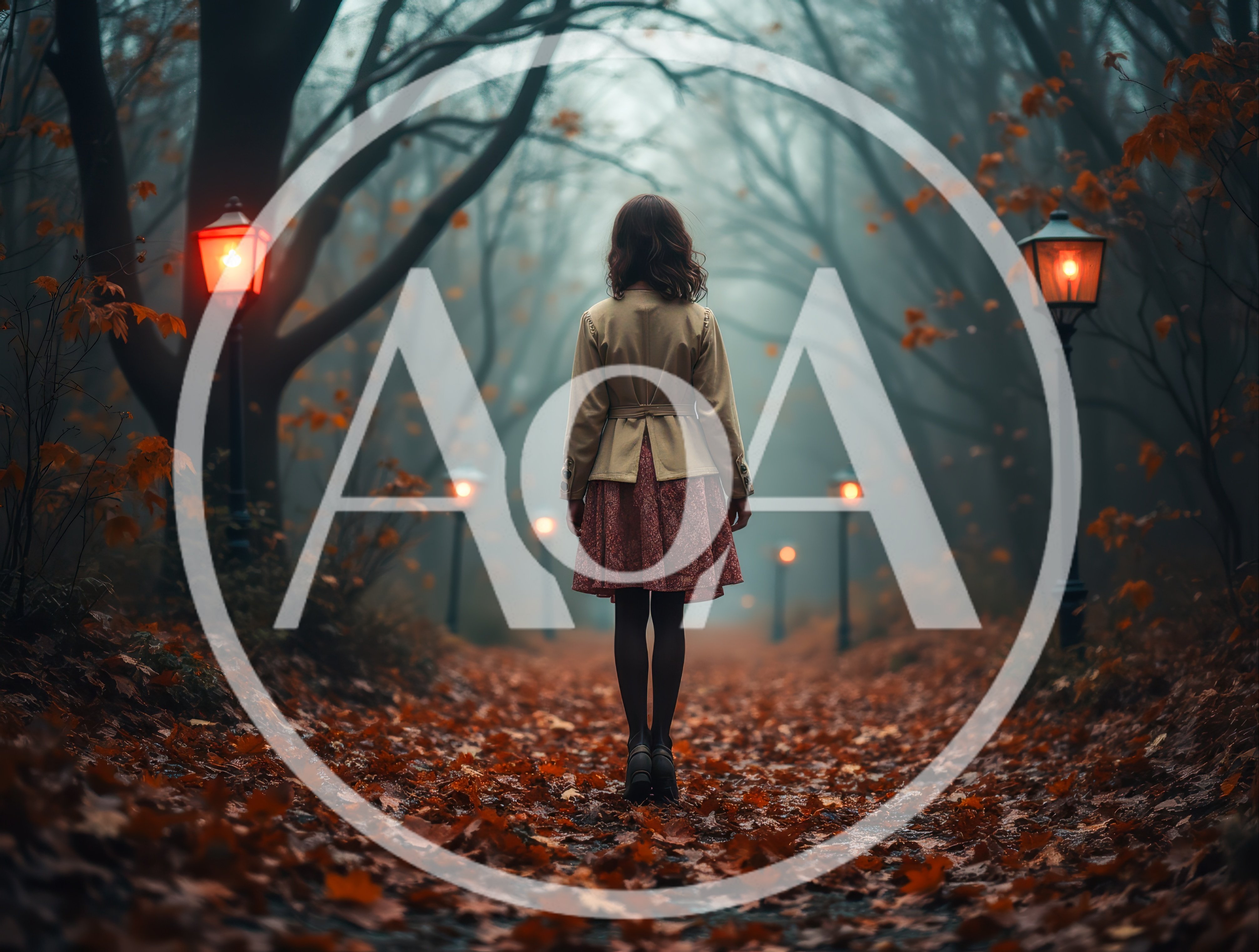 Young Woman Standing Alone On A Foggy Autumn Path
