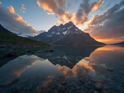 Majestic Mountain Peak Reflected In Calm Alpine Lake