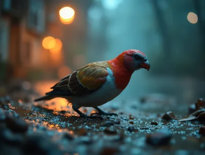 Small Red Headed Bird Standing On Wet Ground