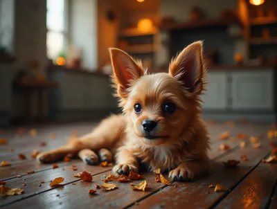 Adorable Small Puppy Resting On Wooden Floor