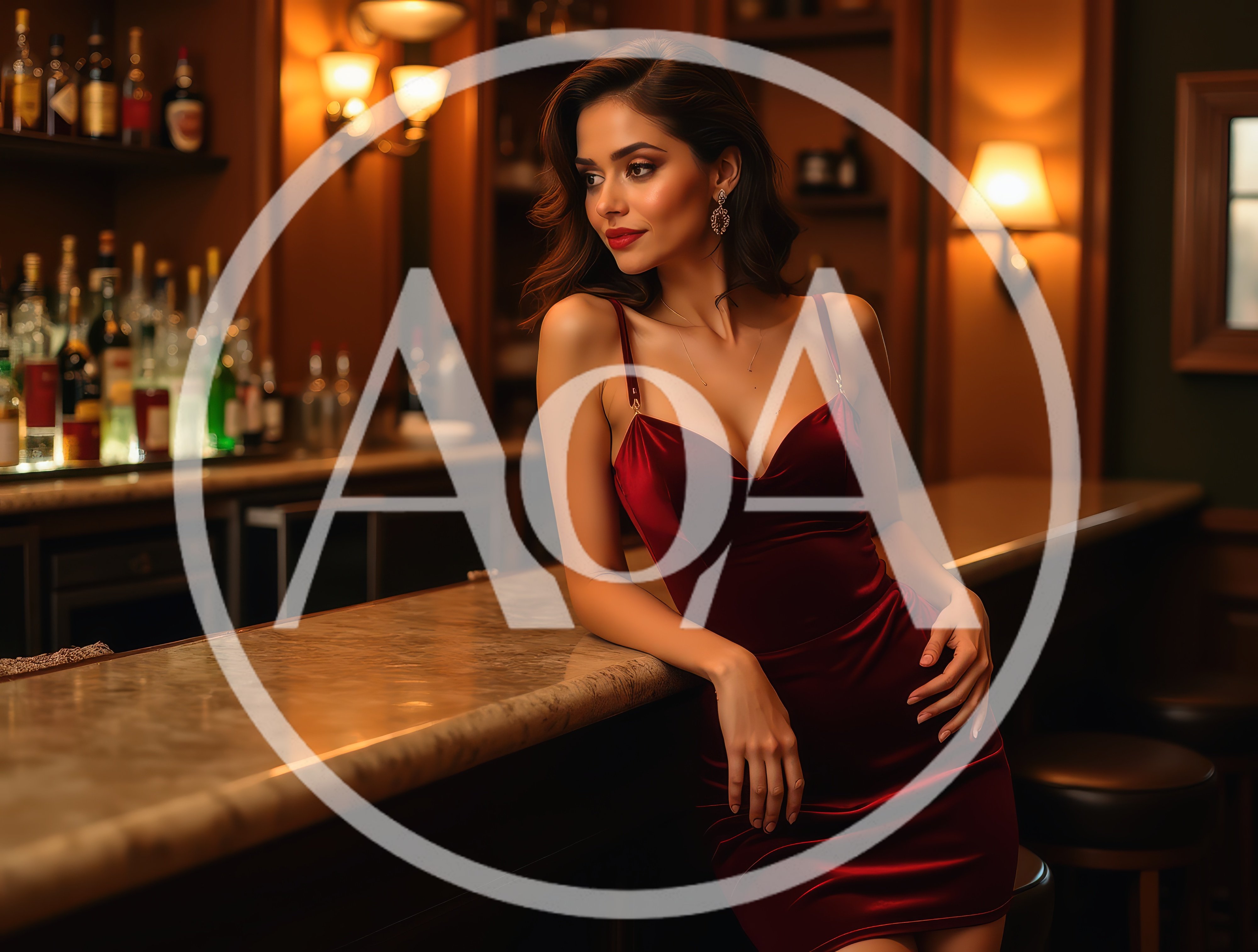 Elegant Woman In Red Dress Leaning On Bar Counter