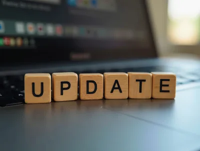 Wooden Blocks Spelling Update On Laptop Keyboard