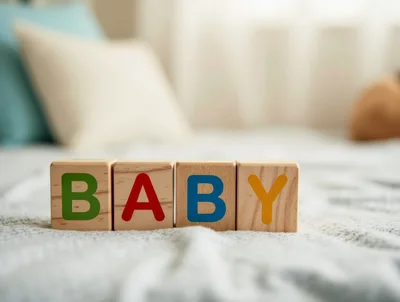 Wooden Baby Blocks Spelling Baby On A Soft Blanket