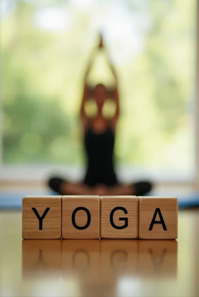 Wooden Blocks Spelling Yoga With Blurred Person Meditating