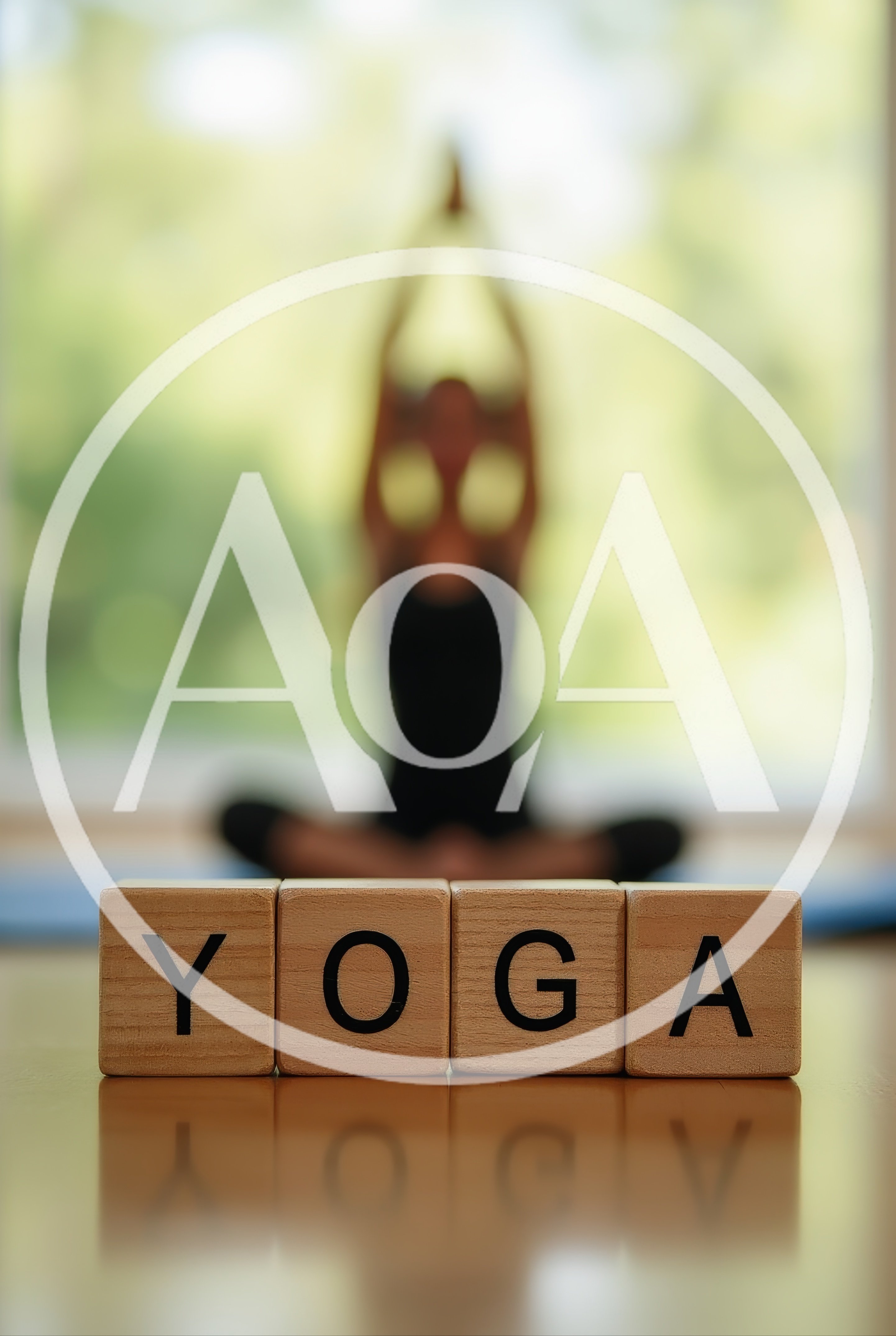 Wooden Blocks Spelling Yoga With Blurred Person Meditating