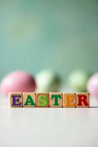 Easter Word Spelled With Wooden Blocks And Pastel Eggs