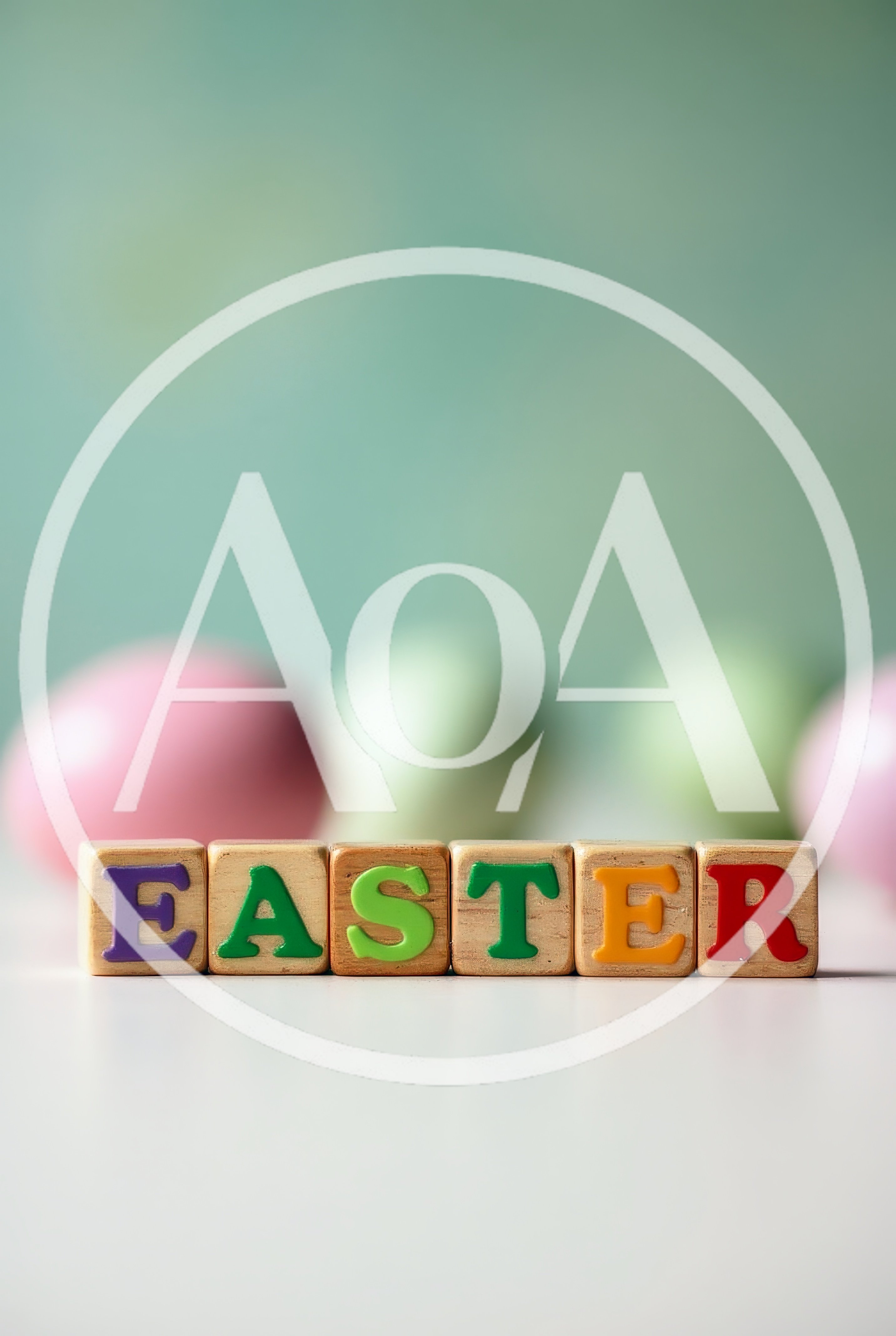 Easter Word Spelled With Wooden Blocks And Pastel Eggs