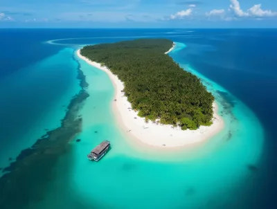 Aerial View Of Tropical Island With Boat