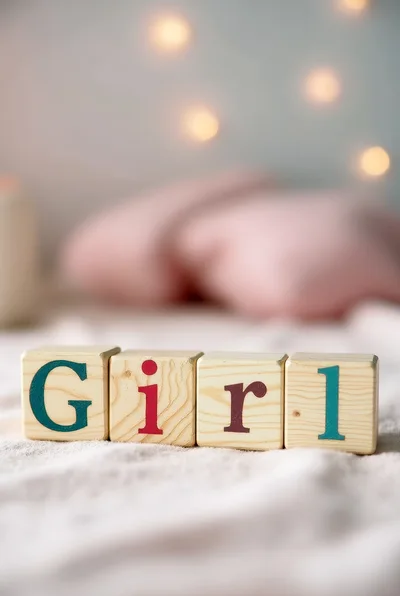 Wooden Blocks Spelling Girl On A Soft Blanket