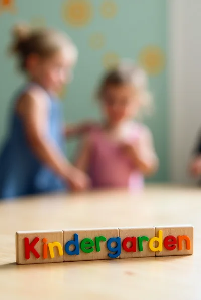 Wooden Kindergarten Blocks on Table with Blurred Children