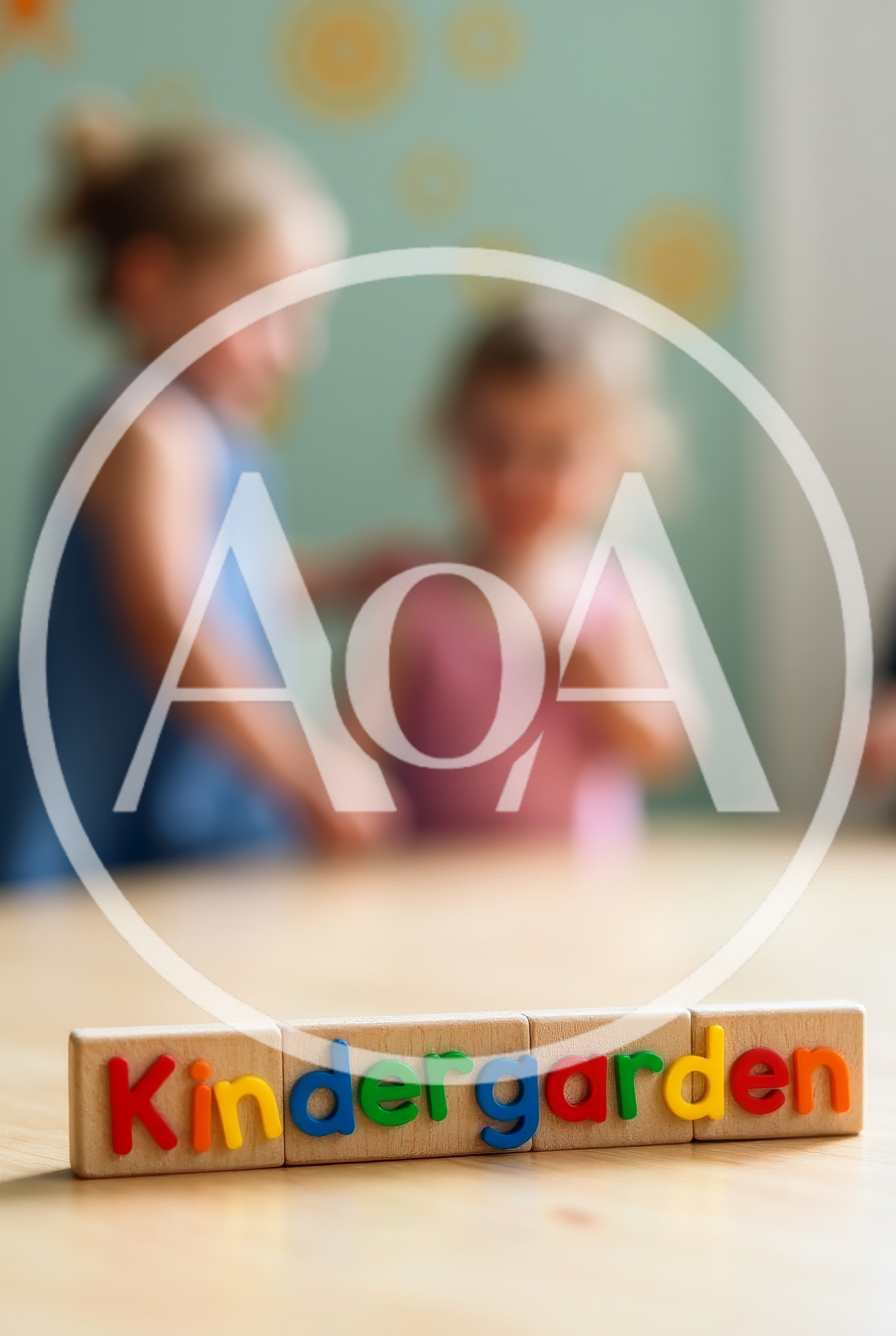 Wooden Kindergarten Blocks on Table with Blurred Children