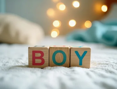 Wooden Blocks Spelling Boy on a Textured Bedding