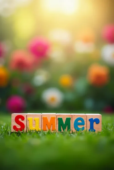 Wooden Blocks Spelling Summer on Green Grass