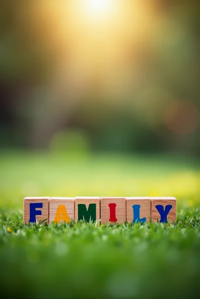 Wooden Blocks Spelling Family On Green Grass