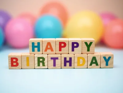 Happy Birthday Wooden Blocks With Colorful Balloons