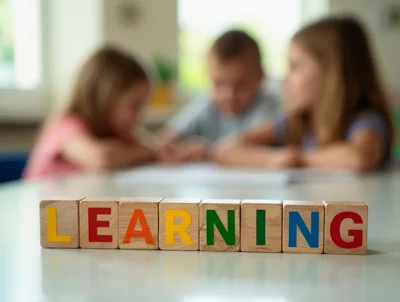 Wooden Blocks Spelling Learning With Children Studying In Background